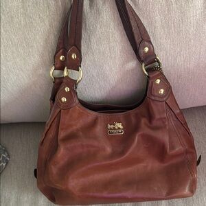 Vintage Coach Brown Leather Shoulder Bag with Golden Accents